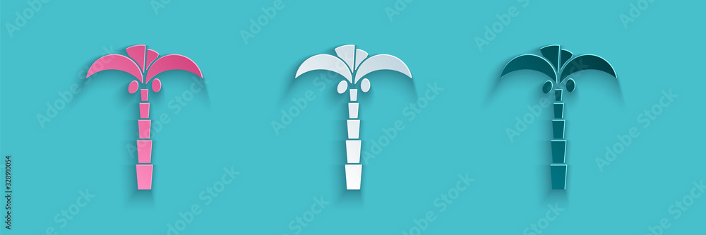 Paper cut Tropical palm tree icon isolated on blue background. Coconut palm tree. Paper art style. V