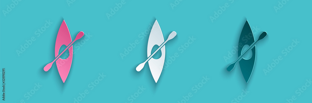 Paper cut Kayak and paddle icon isolated on blue background. Kayak and canoe for fishing and tourism