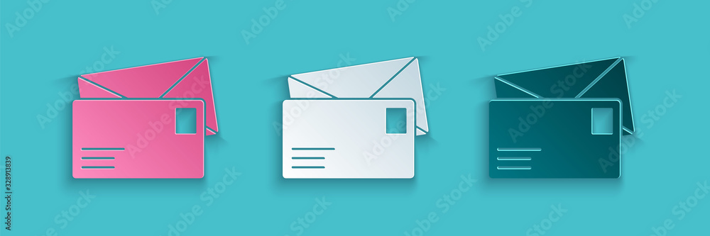 蓝色背景上隔离的剪纸信封图标。电子邮件字母符号。纸质艺术风格.V