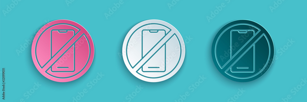 剪纸蓝色背景上没有隔离的手机图标。没有通话和呼叫标志。禁止使用手机