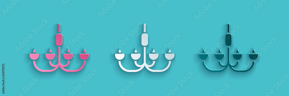 Paper cut Chandelier icon isolated on blue background. Paper art style. Vector Illustration