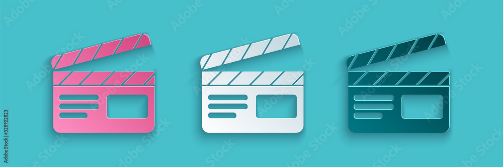Paper cut Movie clapper icon isolated on blue background. Film clapper board. Clapperboard sign. Cin