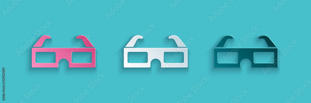 蓝色背景上隔离的剪纸3D影院眼镜图标。纸质艺术风格。矢量插图