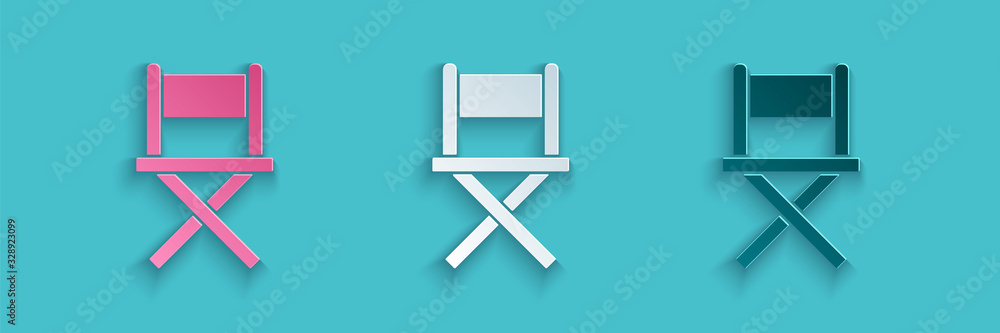 蓝色背景上的剪纸导演电影椅图标。电影行业。纸艺风格。Vec
