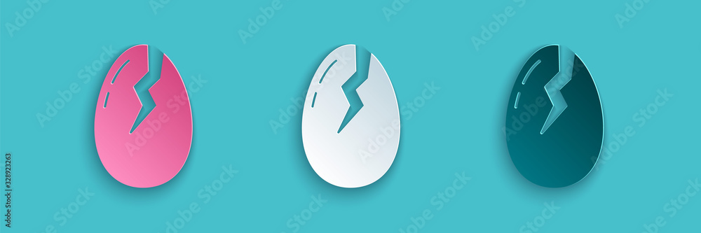 Paper cut Broken egg icon isolated on blue background. Happy Easter. Paper art style. Vector Illustr