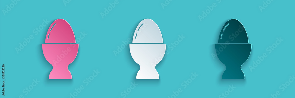 Paper cut Easter egg on a stand icon isolated on blue background. Happy Easter. Paper art style. Vec