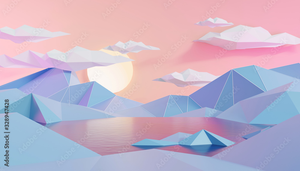低多边形背景下的山和湖景观，3D渲染。