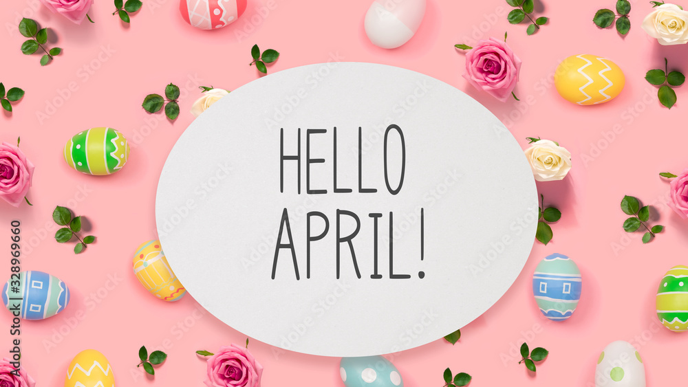 四月你好，粉红色背景的复活节彩蛋
