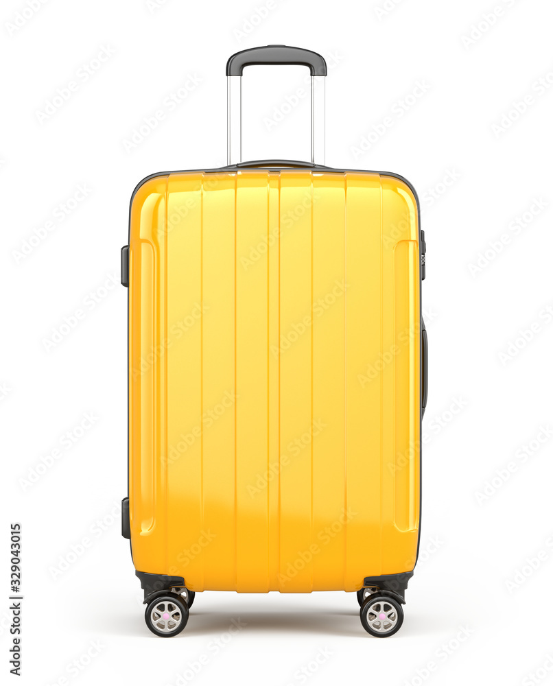 时尚的橙色行李箱，白色轮子隔离。旅行概念-行李箱三维图标。三维渲染