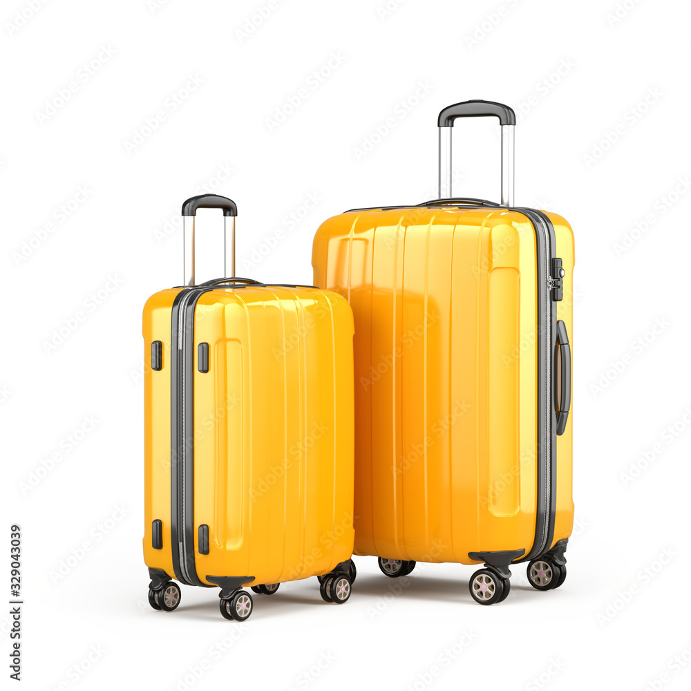Pair of Stylish Orange Suitcases on wheels isolated on white. Travel concept - suitcase on wheels 3d