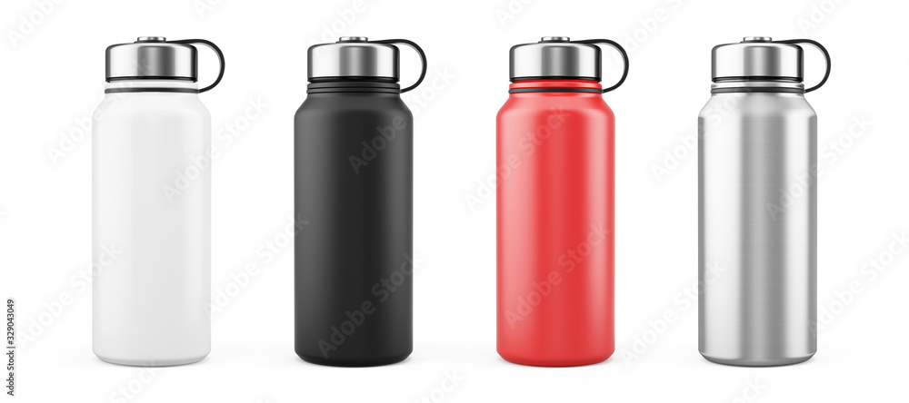 白色、黑色、红色和银色空的光泽金属保温水瓶，白色隔离。3d渲染