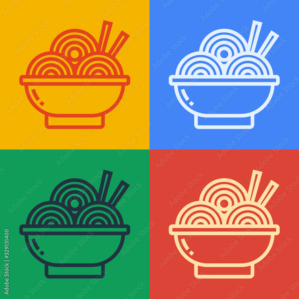 Pop art line Asian noodles in bowl and chopsticks icon isolated on color background. Street fast foo