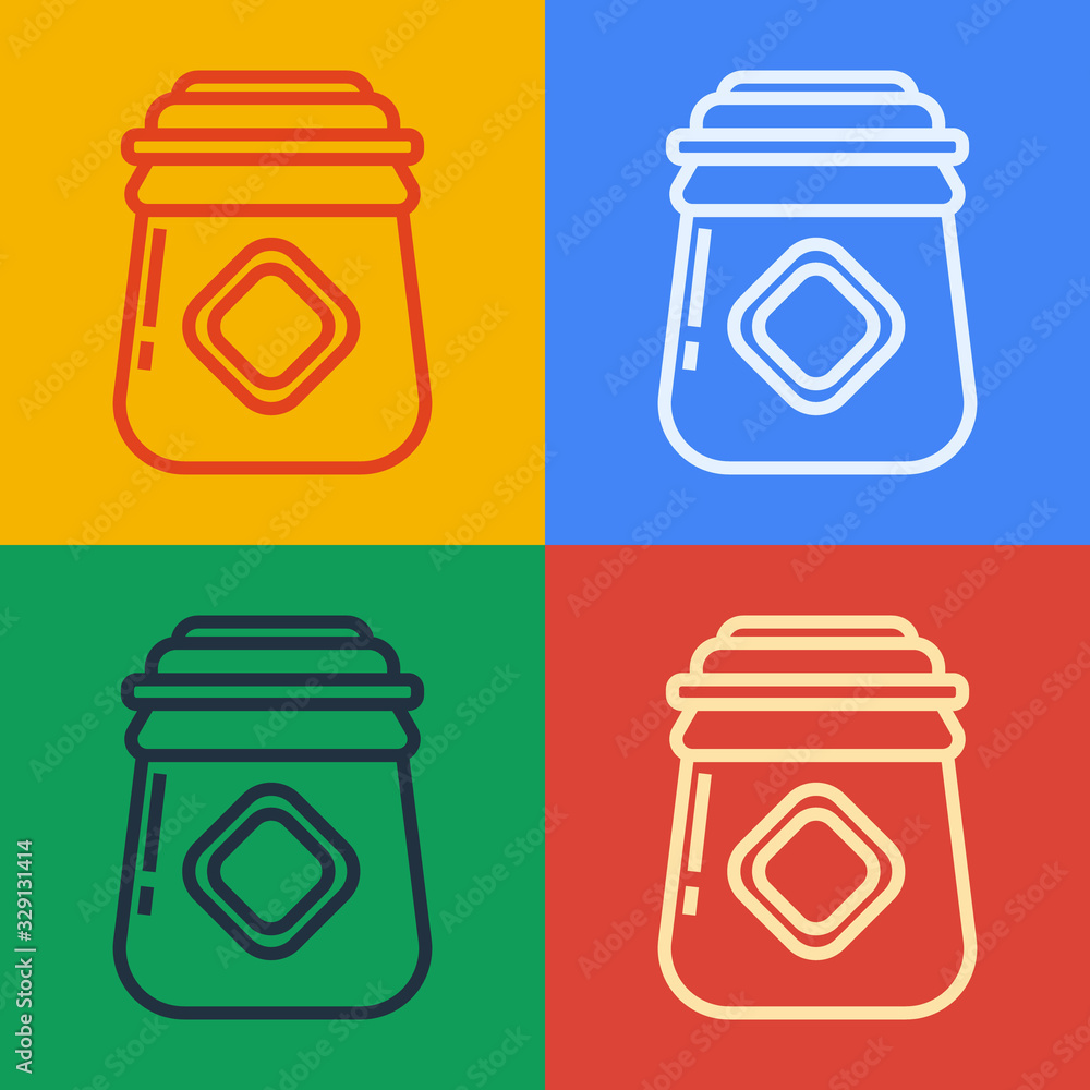 流行艺术线蜂蜜图标罐子，隔离在彩色背景上。食物银行。甜的天然食物符号。V