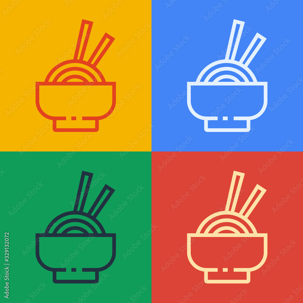 流行艺术线亚洲碗筷面条图标隔离在彩色背景上。街头快餐