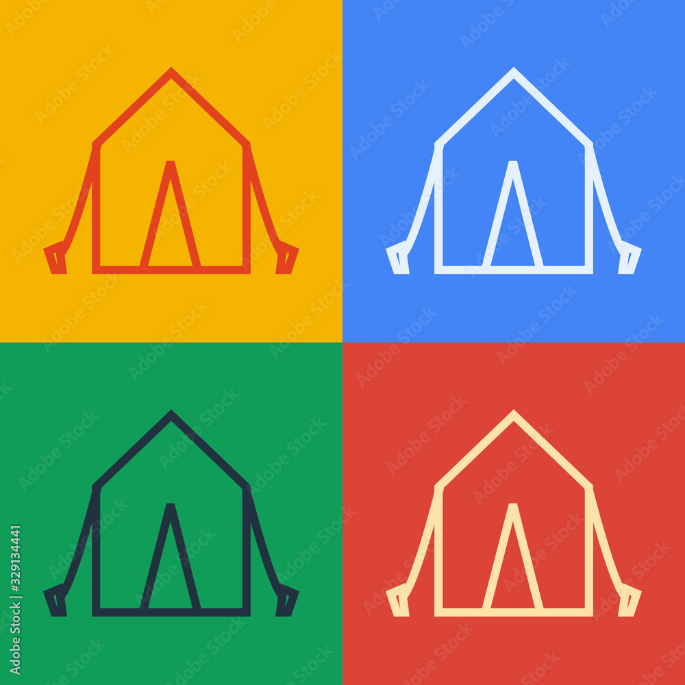 流行艺术线旅游帐篷图标隔离在彩色背景上。露营符号。矢量插图