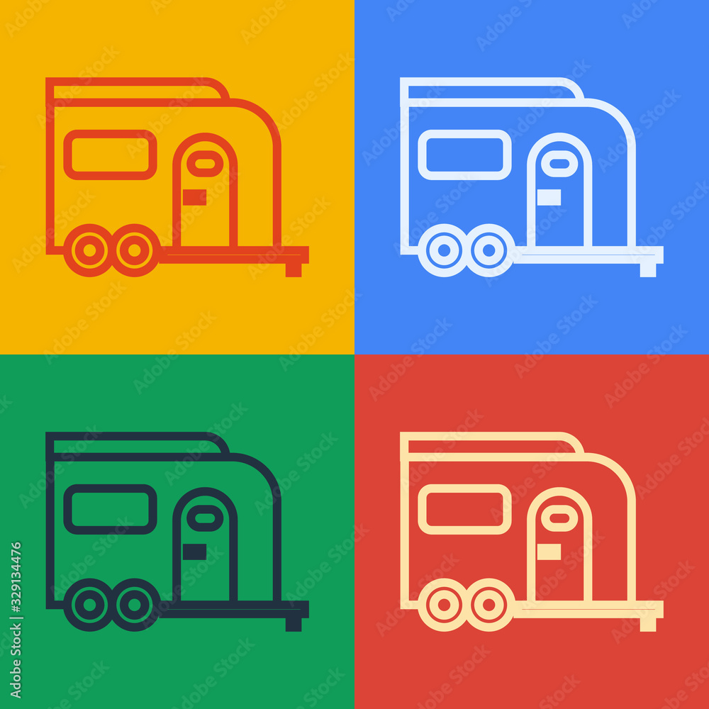 Pop art line Rv Camping trailer icon isolated on color background. Travel mobile home, caravan, home