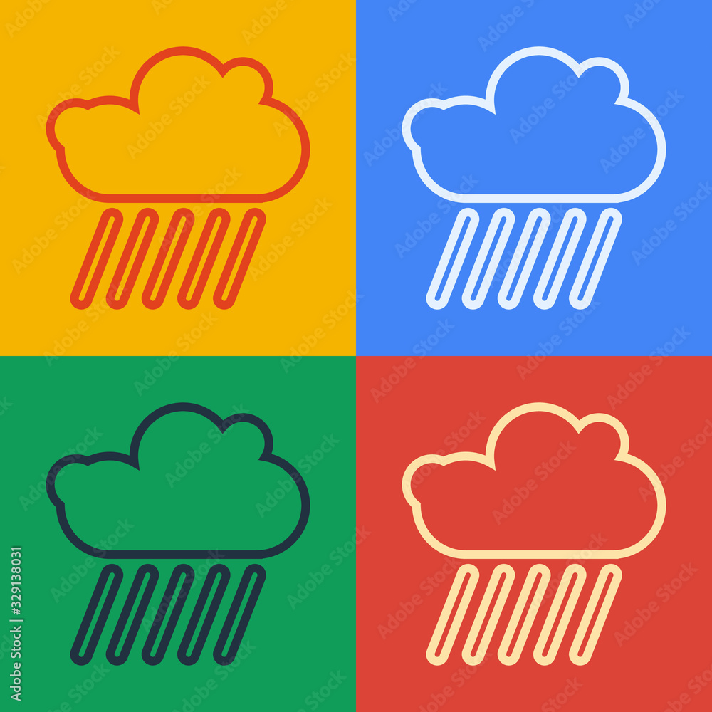 流行艺术线云与雨图标隔离在彩色背景上。雨云降水与雨d