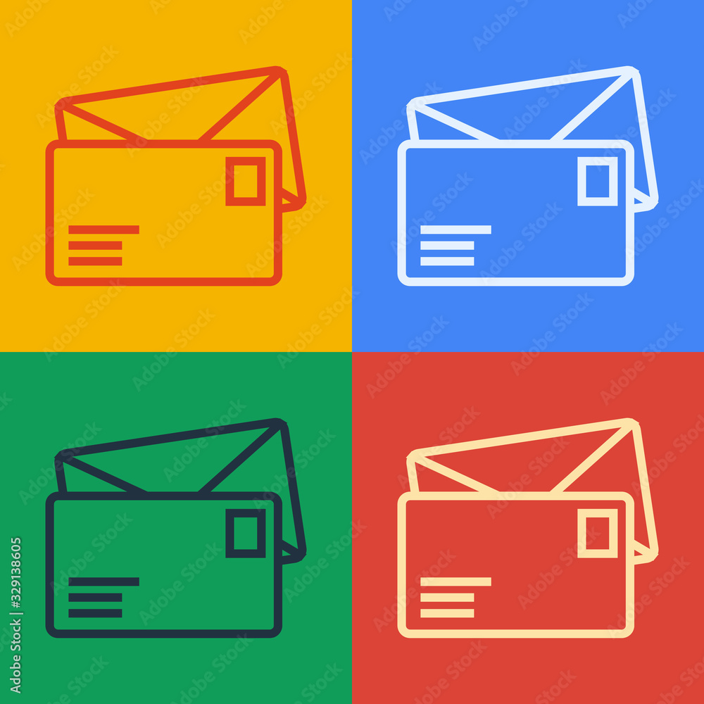 流行艺术线条信封图标隔离在彩色背景上。电子邮件字母符号。矢量插图