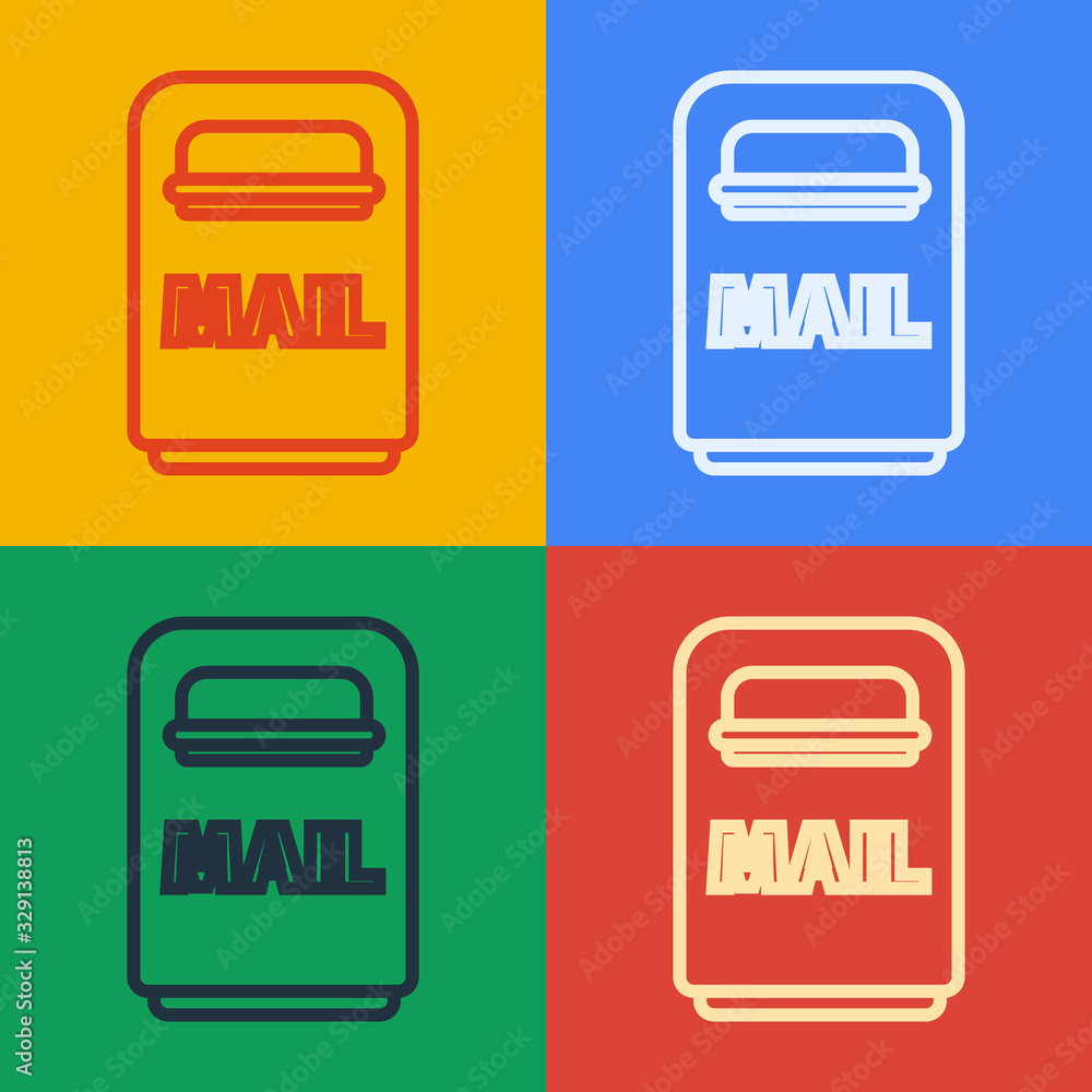 弹出艺术线条邮箱图标隔离在彩色背景上。邮箱图标。带fla的柱子上的邮箱