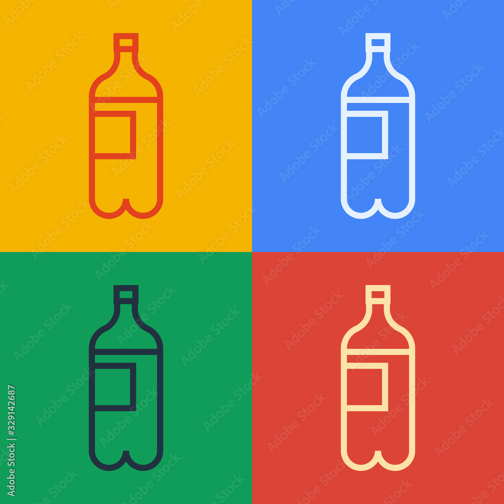流行艺术线条在彩色背景上隔离的水瓶图标。苏打水饮料标志。矢量照明