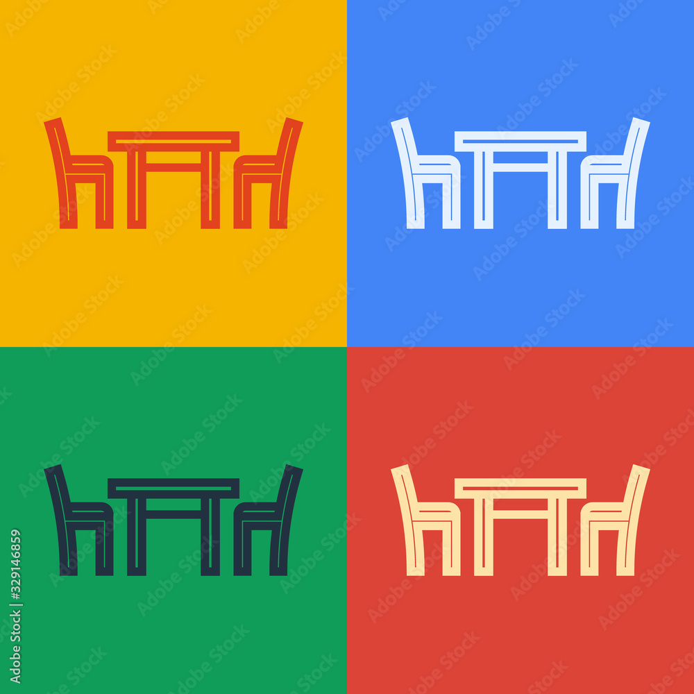 Pop art line Wooden table with chair icon isolated on color background. Vector Illustration