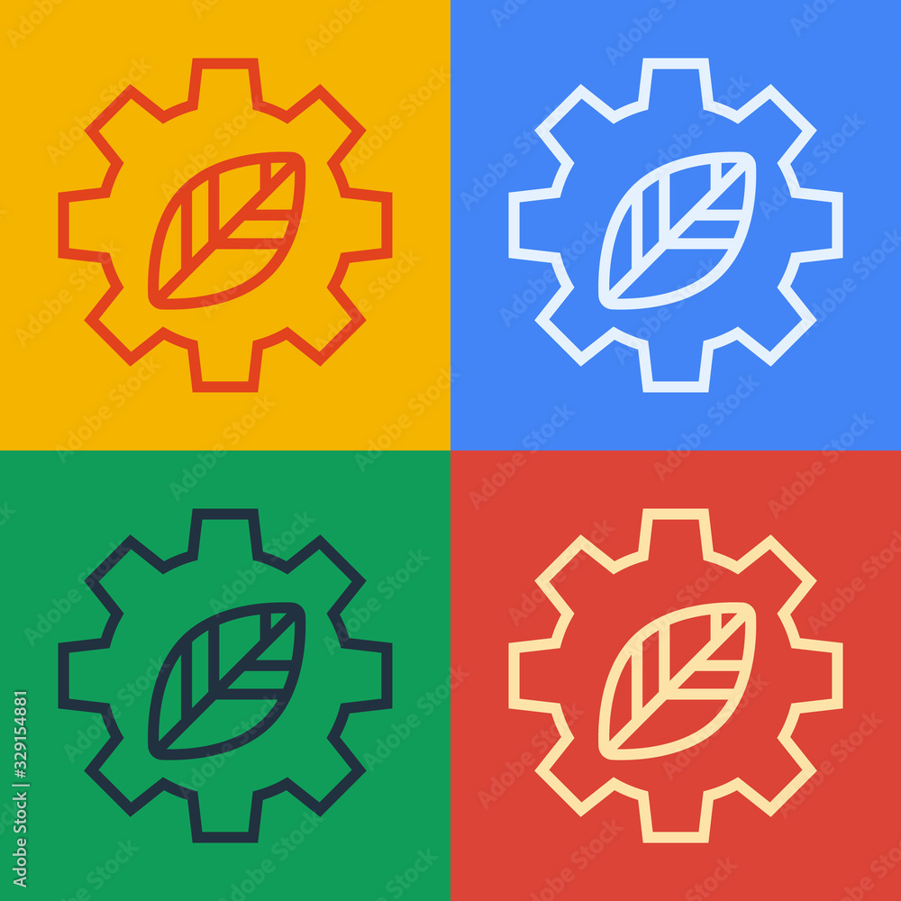 流行艺术线齿轮机图标中的叶子植物生态隔离在彩色背景上。环保技术