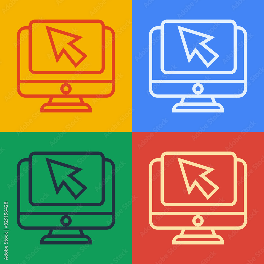 Pop art line Computer monitor and cursor icon isolated on color background. Computer notebook with e
