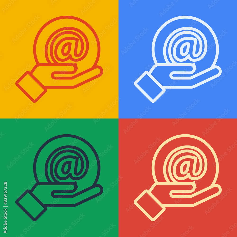 Pop art line Mail and e-mail in hand icon isolated on color background. Envelope symbol e-mail. Emai