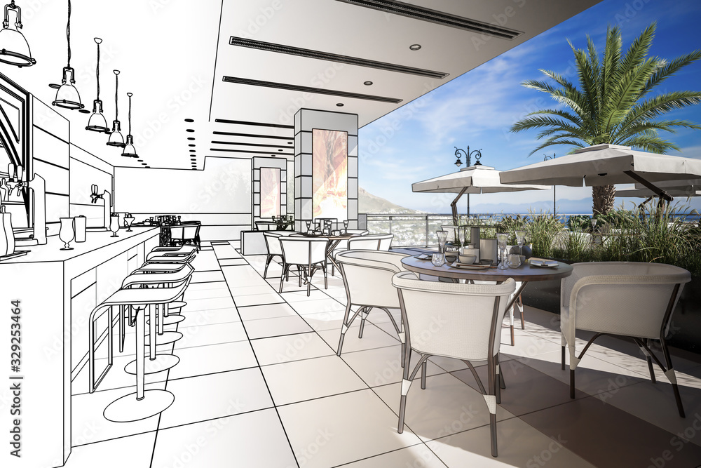 带Outlook（概念）的露台酒吧和餐厅-三维可视化