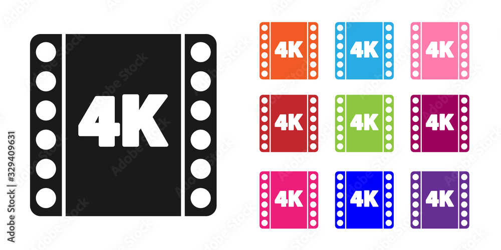 黑色4k电影，磁带，框架图标隔离在白色背景上。将图标设置为彩色。矢量插图