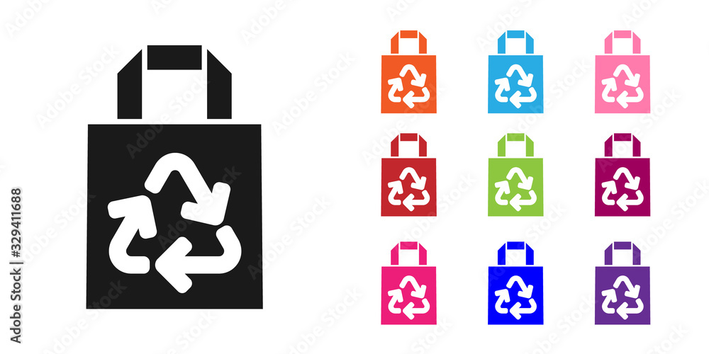 黑色纸质购物袋，白色背景上有回收图标。带有回收符号的袋子。