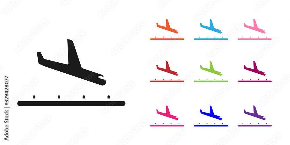 白色背景上隔离的黑色飞机着陆图标。飞机运输符号。将图标设置为彩色