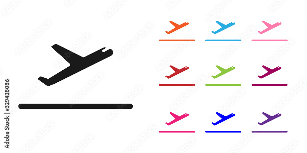 白色背景上隔离的黑色飞机起飞图标。飞机运输符号。将图标设置为彩色