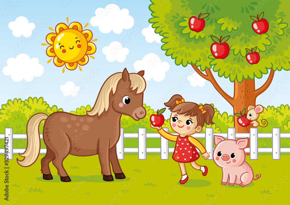 一个女孩给马一个苹果的矢量插图。