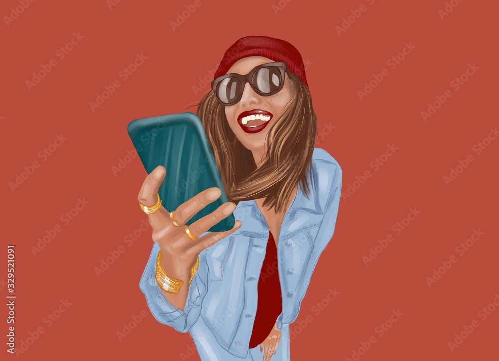 一位年轻时尚的女士戴着帽子，穿着牛仔裤，站着用智能手机聊天的插图