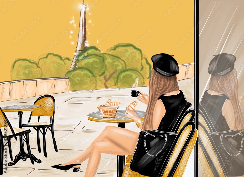 一位身穿黑衣的女士在餐厅享用法式早餐，配咖啡和羊角面包的插图
