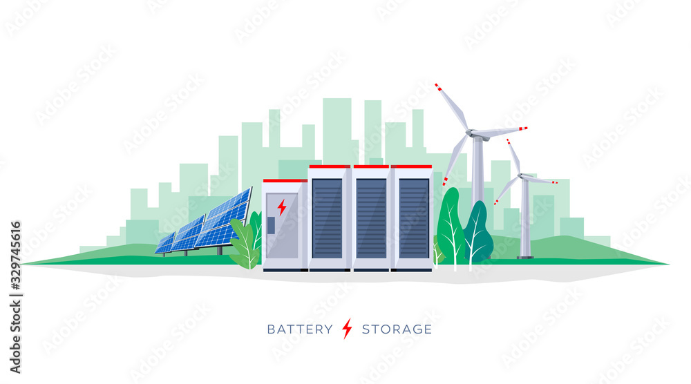 大型可充电锂离子电池储能站和可再生能源的矢量示意图