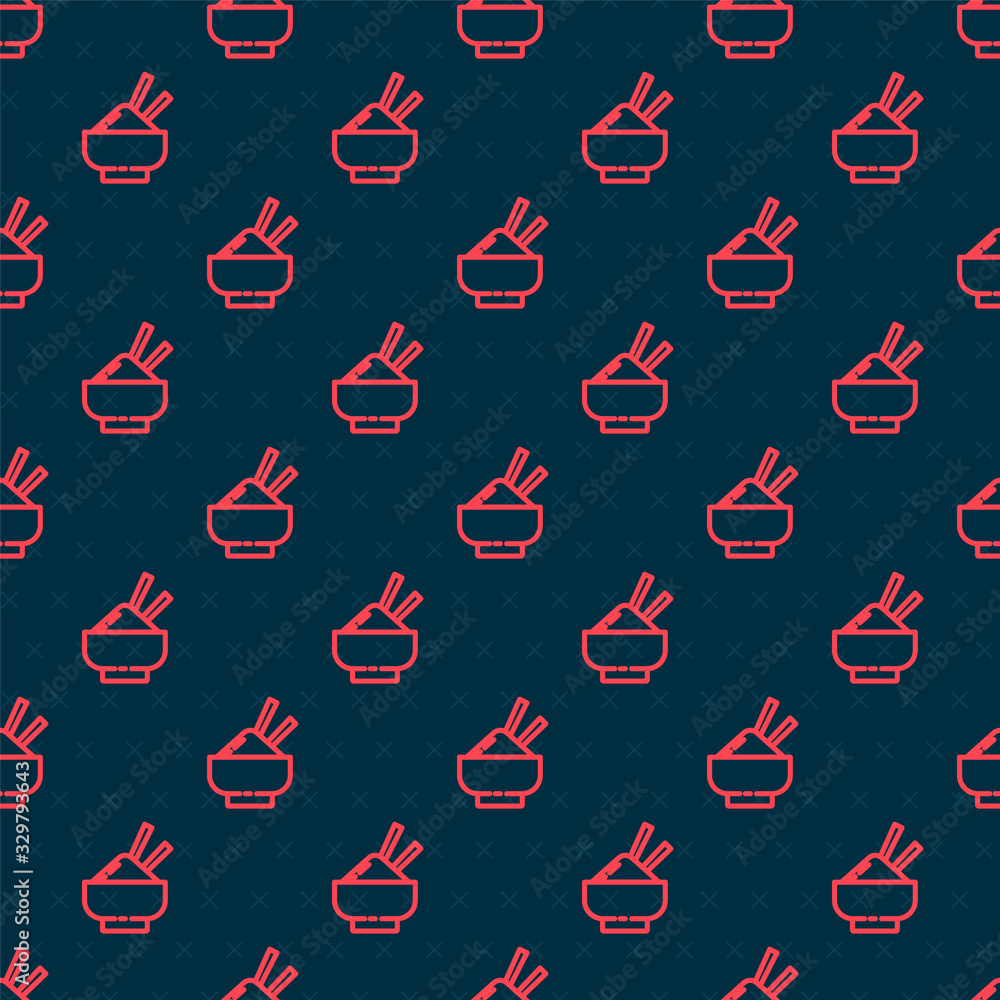 Red line Rice in a bowl with chopstick icon isolated seamless pattern on black background. Tradition