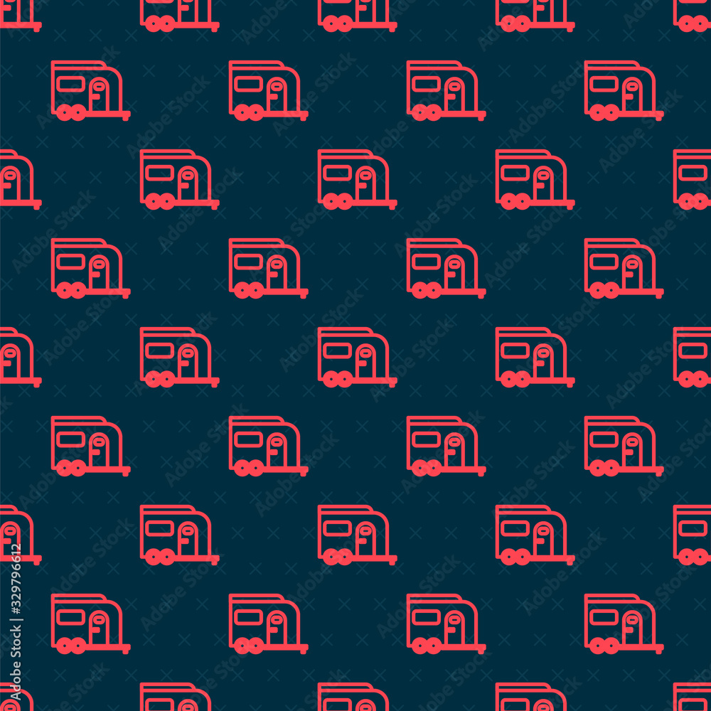 Red line Rv Camping trailer icon isolated seamless pattern on black background. Travel mobile home, 