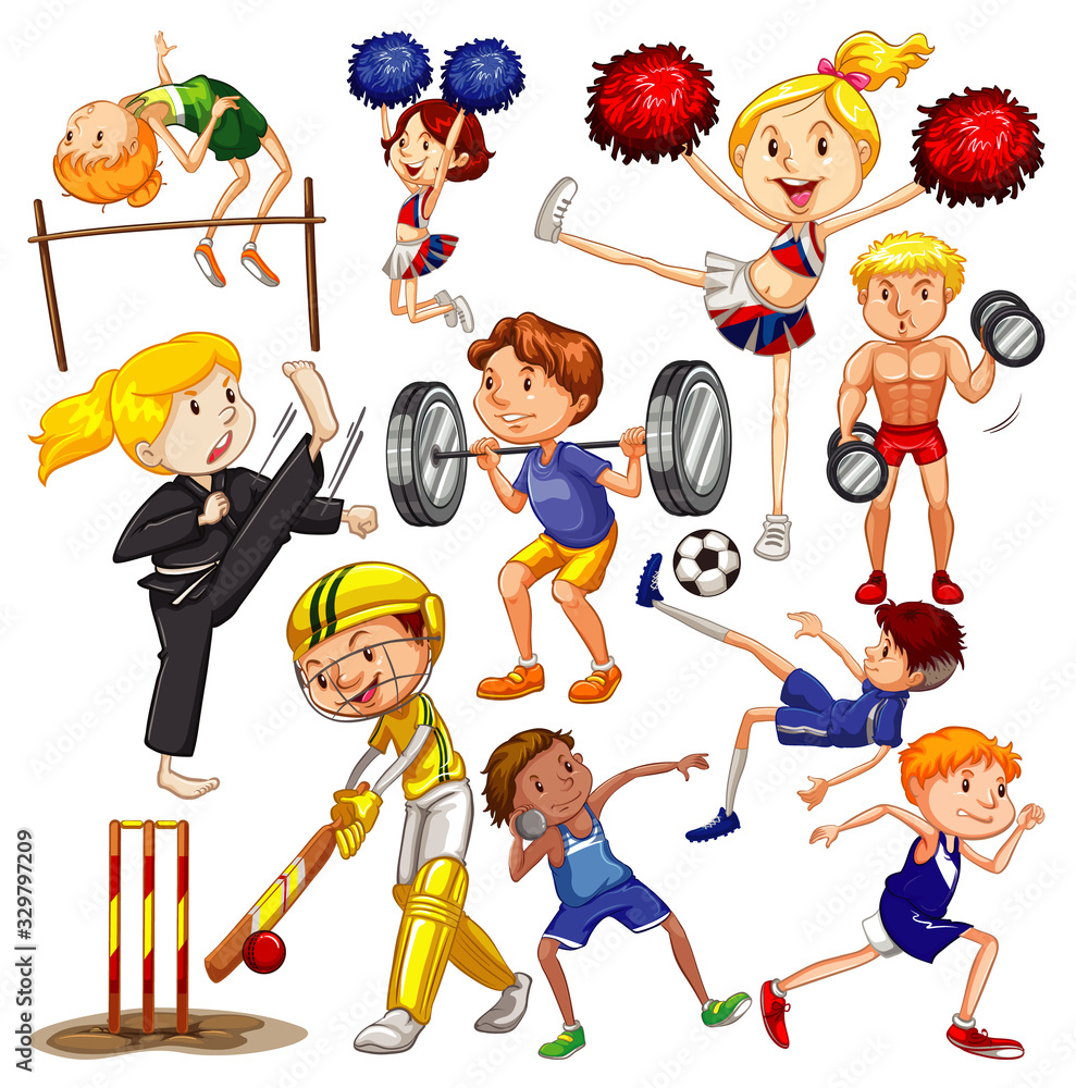 Set of many people doing different sports