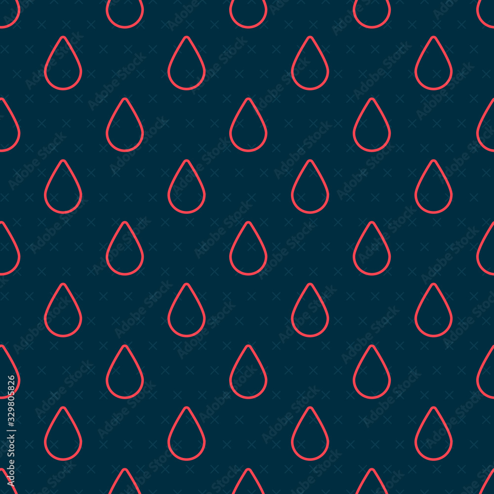 Red line Water drop icon isolated seamless pattern on black background. Vector Illustration