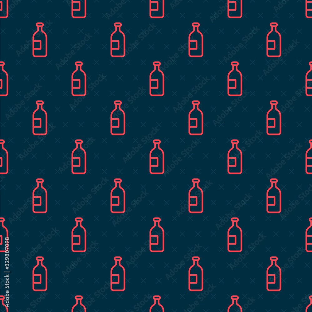 Red line Alcohol drink bottle icon isolated seamless pattern on black background. Vector Illustratio
