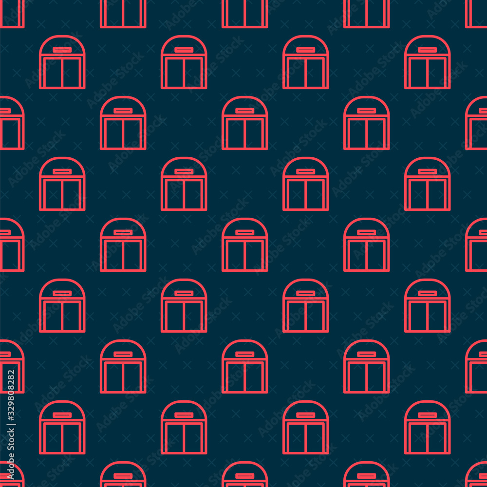 Red line Aircraft hangar icon isolated seamless pattern on black background. Vector Illustration