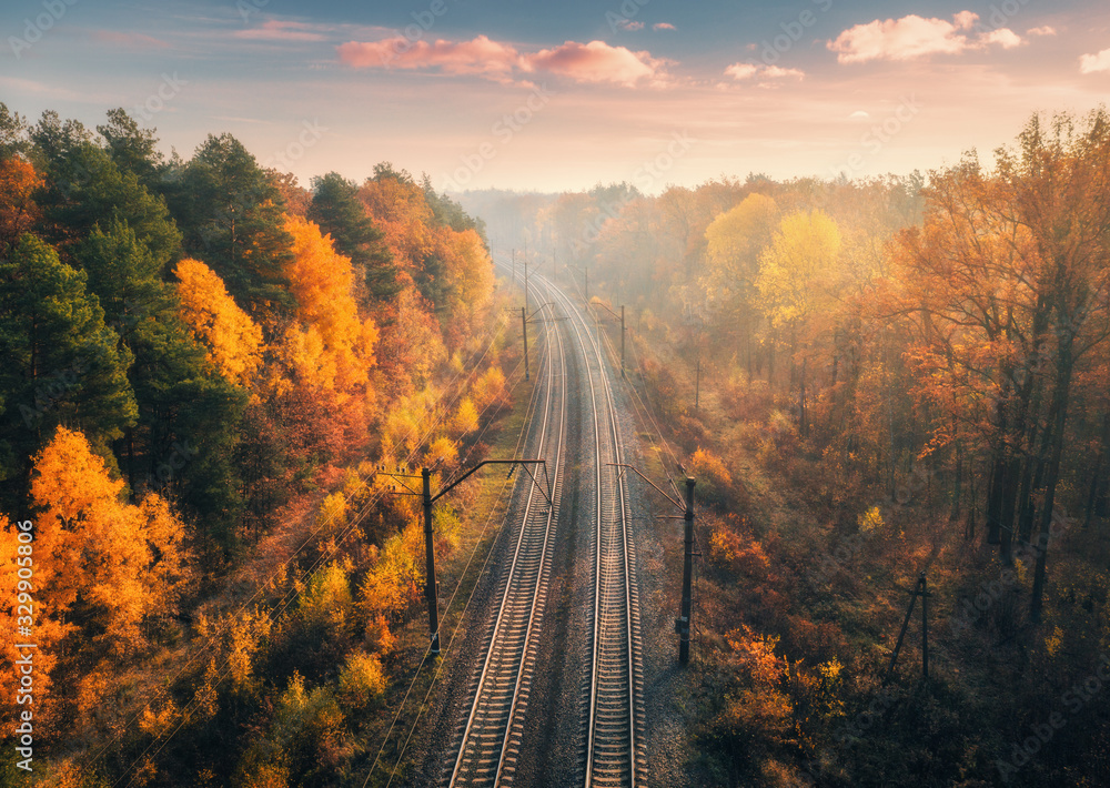 雾蒙蒙的日出中，秋林中美丽的铁路鸟瞰图。铁路工业景观