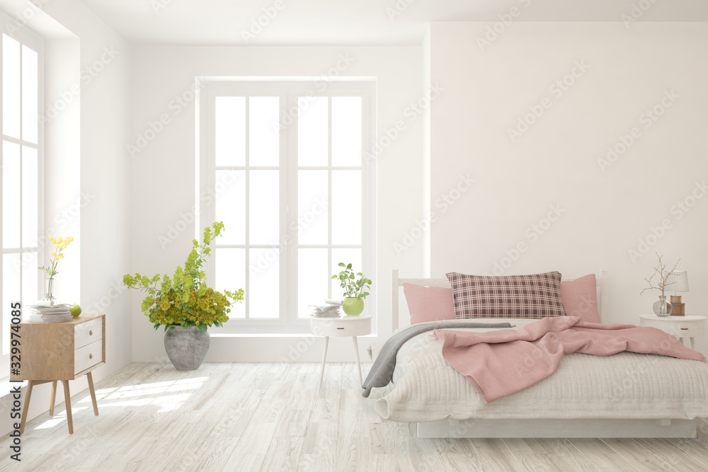 白色时尚卧室。斯堪的纳维亚室内设计。3D插图