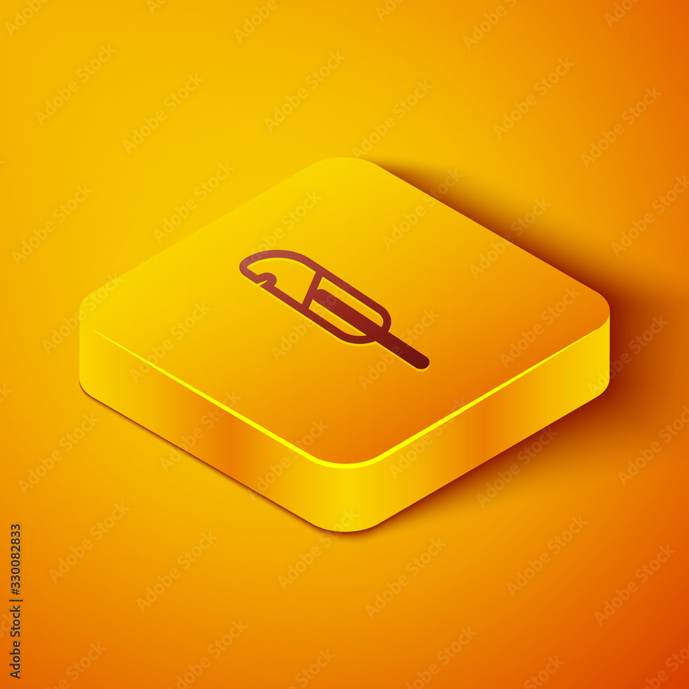 等距线橙色背景上隔离的羽毛笔图标。黄色方形按钮。矢量照明