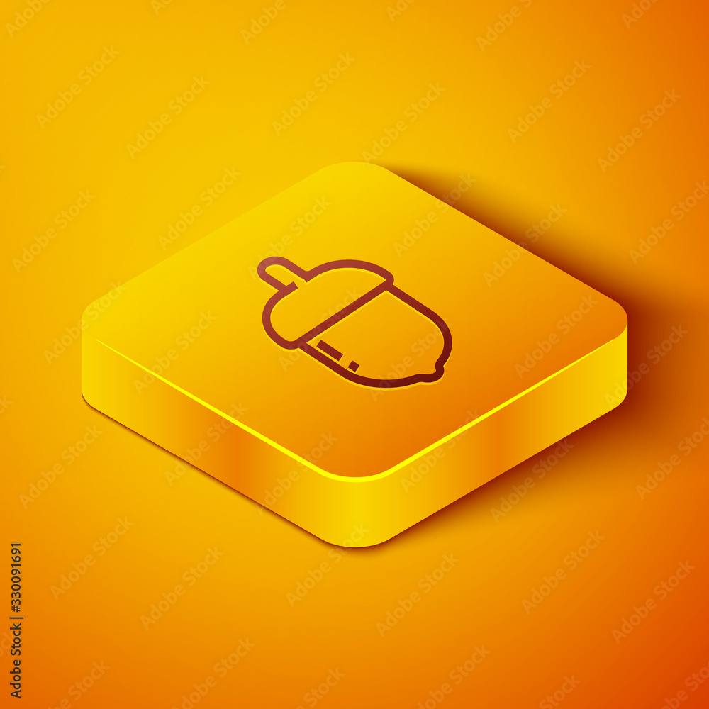 橙色背景上隔离的等距线橡子图标。黄色方形按钮。矢量插图