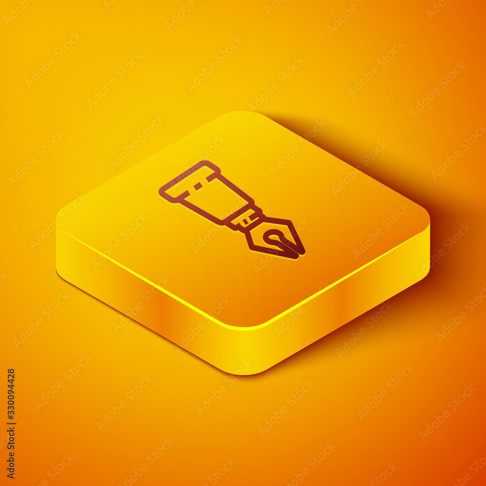 等距线喷泉笔尖图标隔离在橙色背景上。钢笔工具标志。黄色正方形但