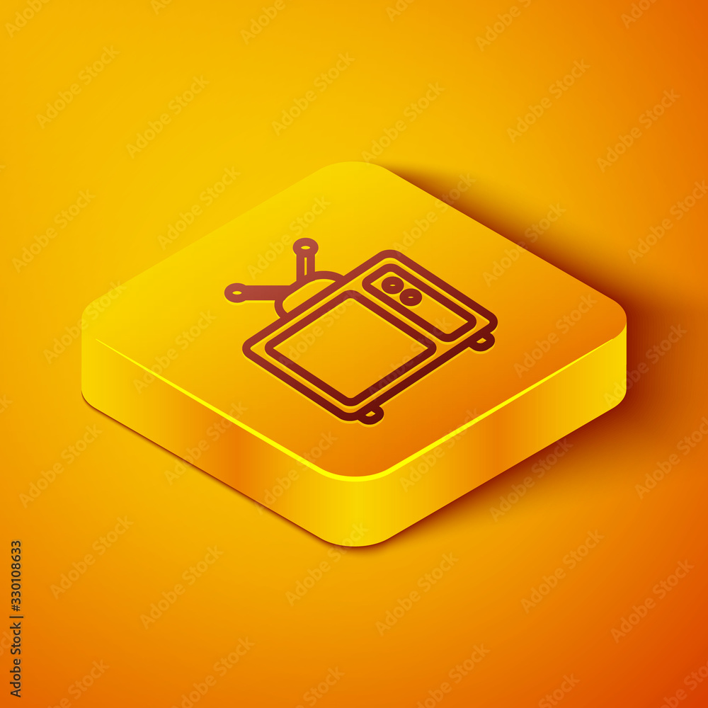Isometric line Retro tv icon isolated on orange background. Television sign. Yellow square button. V