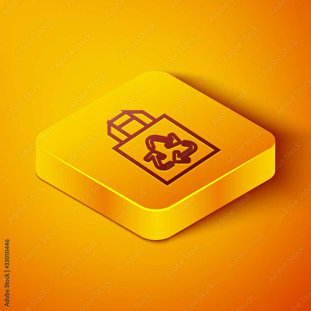 Isometric line Paper shopping bag with recycle icon isolated on orange background. Bag with recyclin
